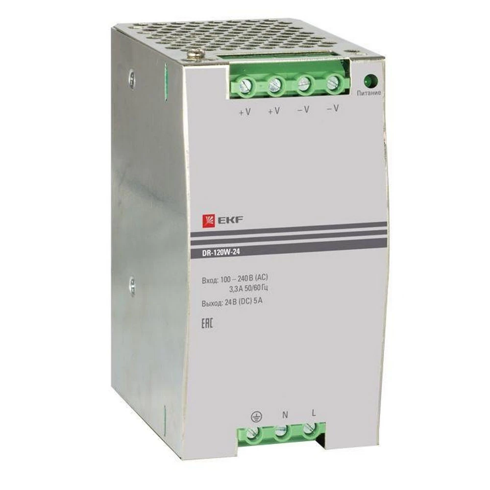 Блок питания EKF PROxima DR, мощность - 120 Вт, напряжение - 24 В, номинальный ток - 5 А, корпус - металл, IP20 dr-120w-24